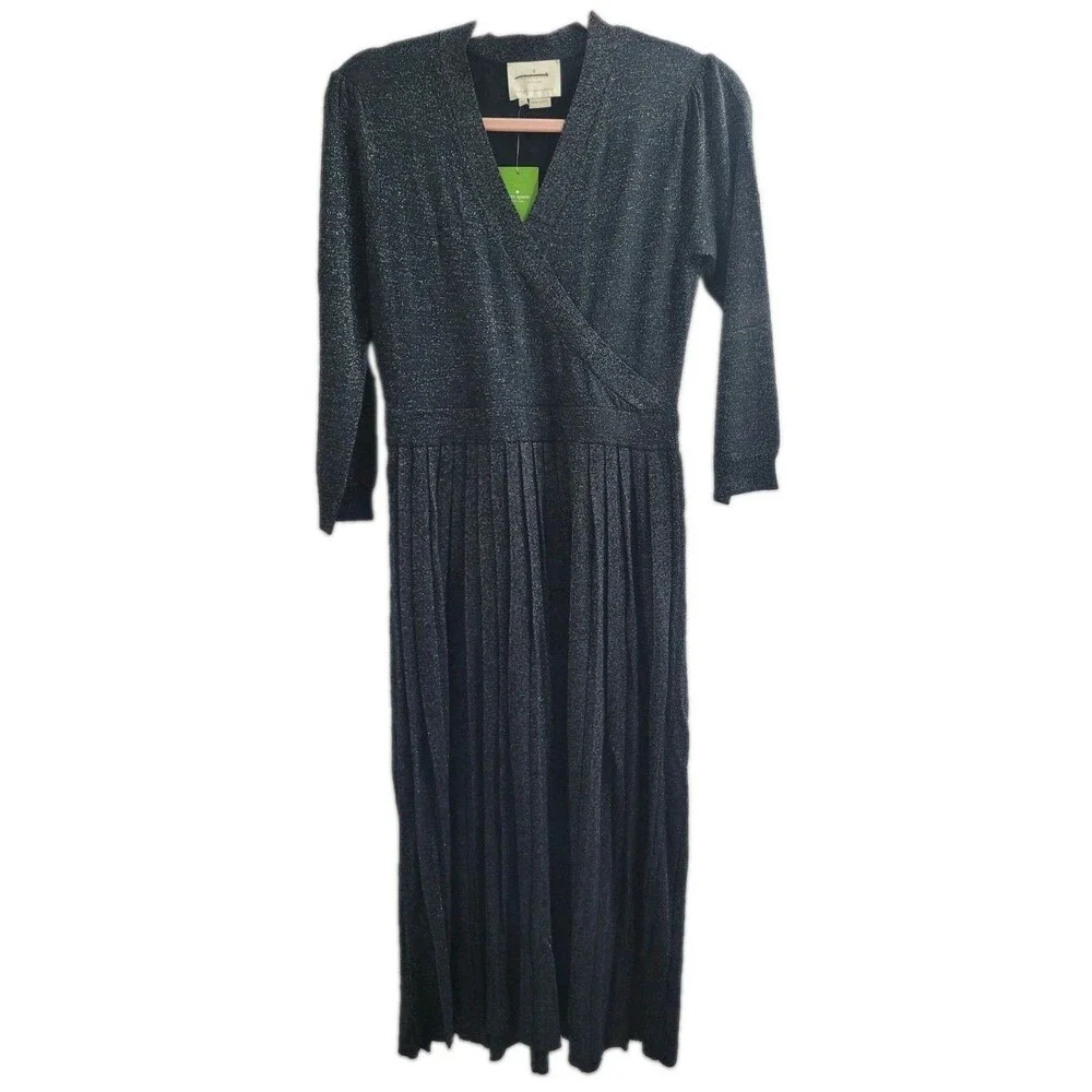 NWT Kate Spade Dashing Beauty Metallic Faux Wrap Sweater Dress Black S $328